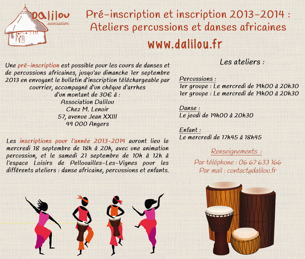 Pré-inscription et inscription 2013-2014 : ateliers percussions et danses africaines à Angers, en Maine-et-Loire