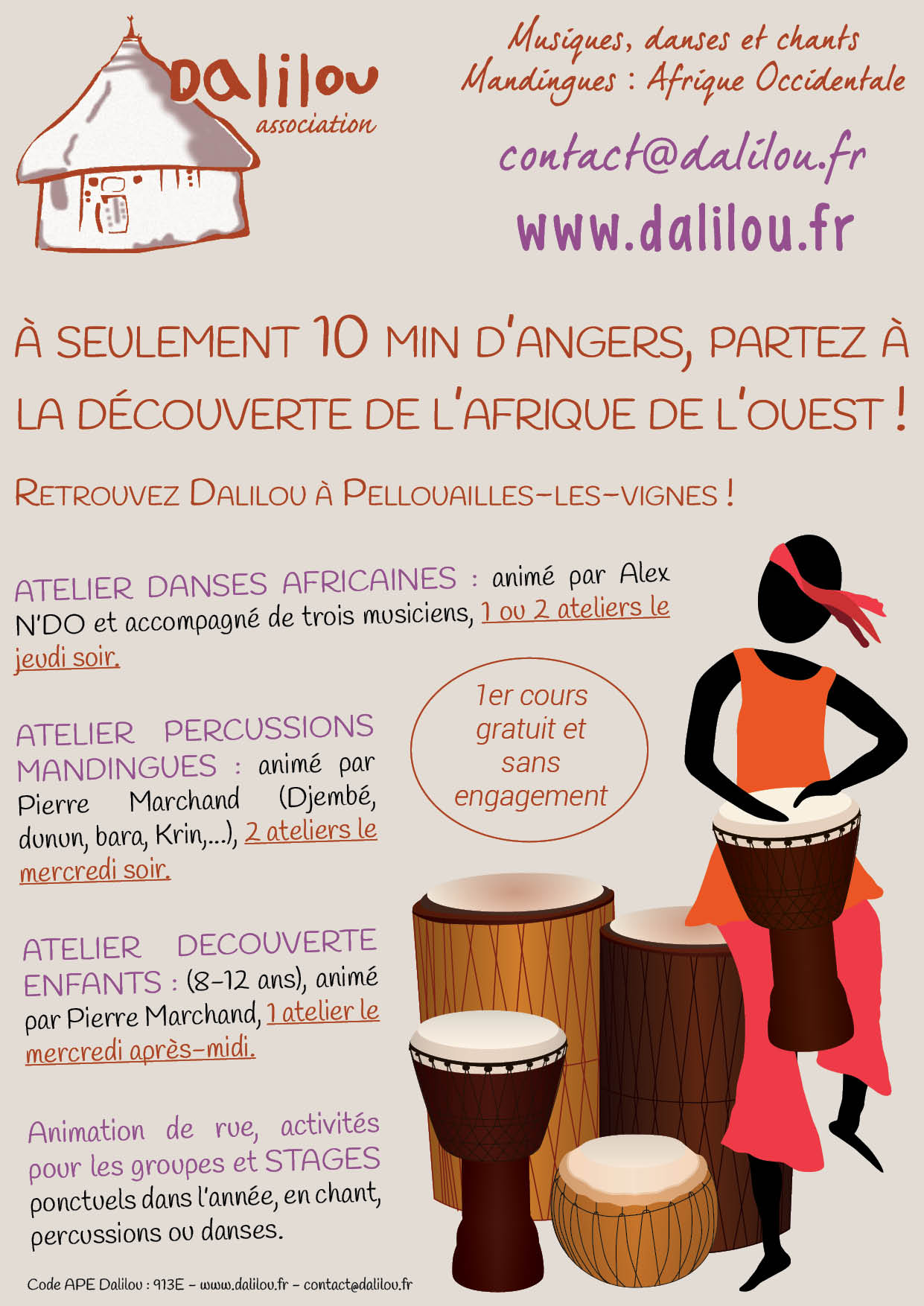 Inscription aux cours de percussions et de danses africaines, Angers, Maine-et-Loire