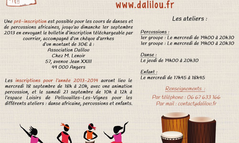 Pré-inscription et inscription 2013-2014 : ateliers percussions et danses africaines à Angers, en Maine-et-Loire